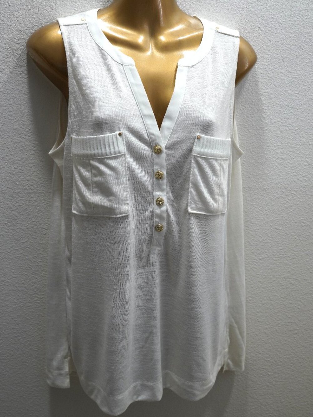 White House Black Market Ivory 1/4 button Sleeveless Top size M